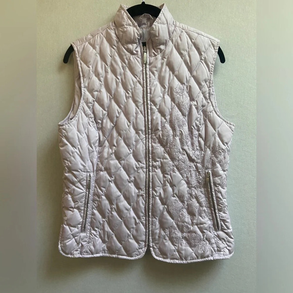 Eddie Bauer Goose Down pastel purple embroidered quilted  light weight vest Sz M - Picture 1 of 9